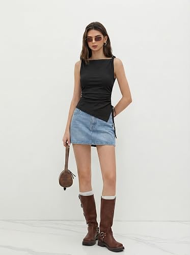 Be Stylish Women Elegant Black Asymmetrical Ruched Tank Top
