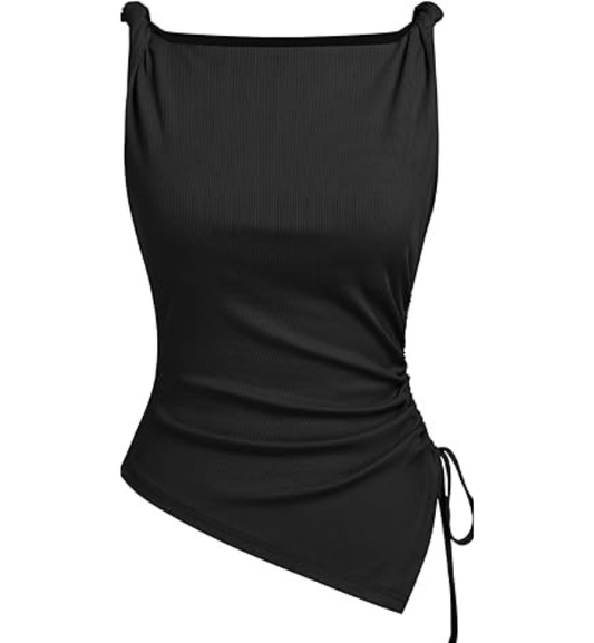 Be Stylish Women Elegant Black Asymmetrical Ruched Tank Top